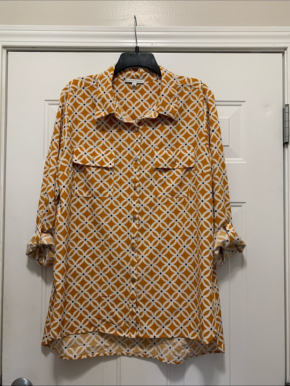 3/$15 Notations Geometric Button-Front Shirt in Mustard and White Size XL